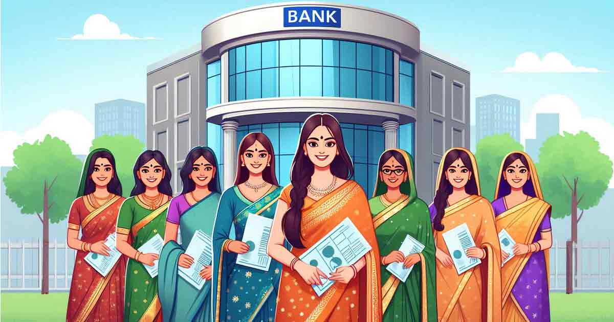 group of Indian women are standing in front of a bank