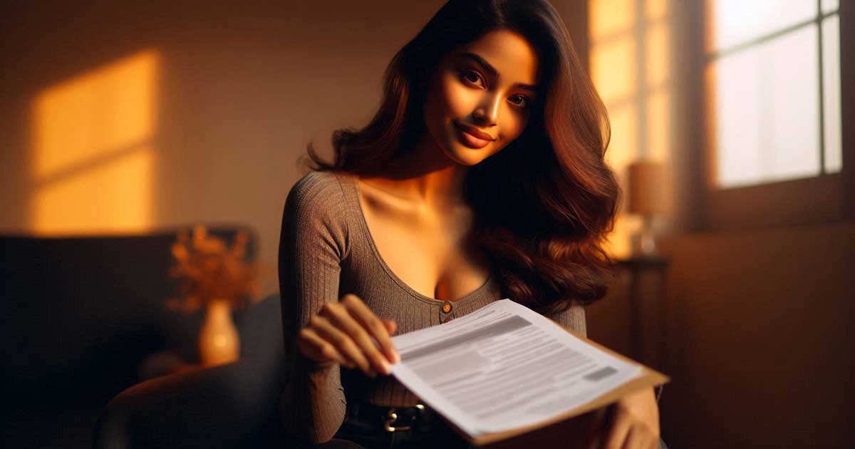 hot Bengali girl in India is sitting on a chair, holding a document in her hand