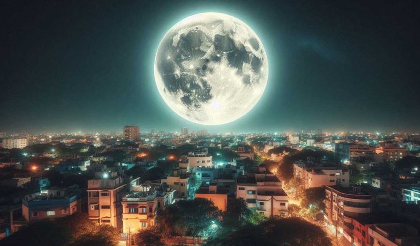 large supermoon illuminates the night sky over Chenna