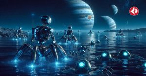 AI Image: A group of robots swim in the dark blue oceans of Jupiter's and Saturn's moons