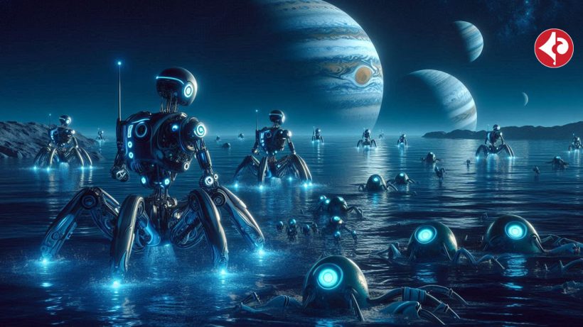 AI Image: A group of robots swim in the dark blue oceans of Jupiter's and Saturn's moons