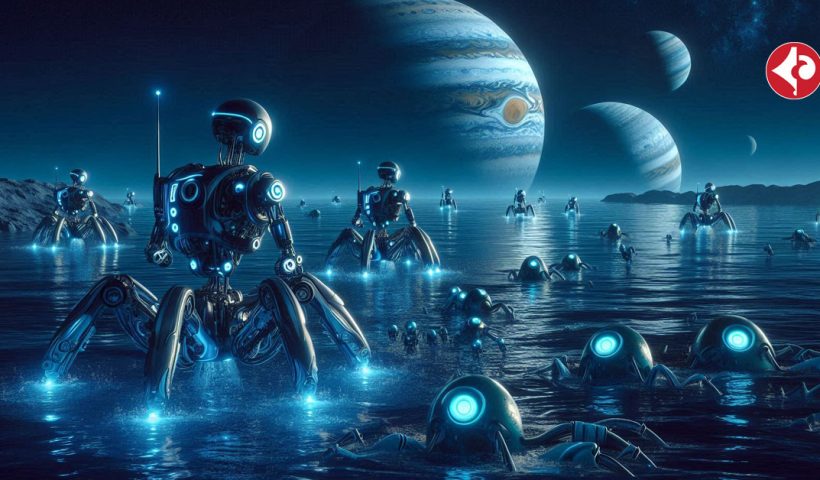 AI Image: A group of robots swim in the dark blue oceans of Jupiter's and Saturn's moons