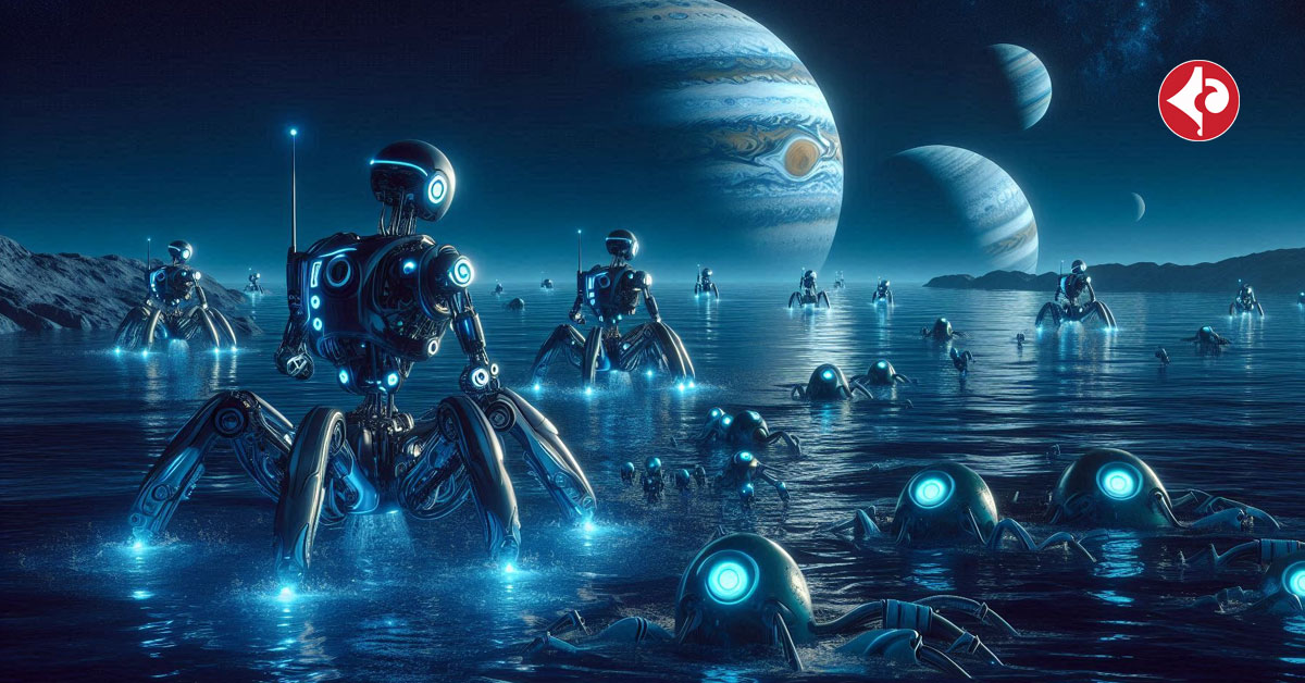 AI Image: A group of robots swim in the dark blue oceans of Jupiter's and Saturn's moons