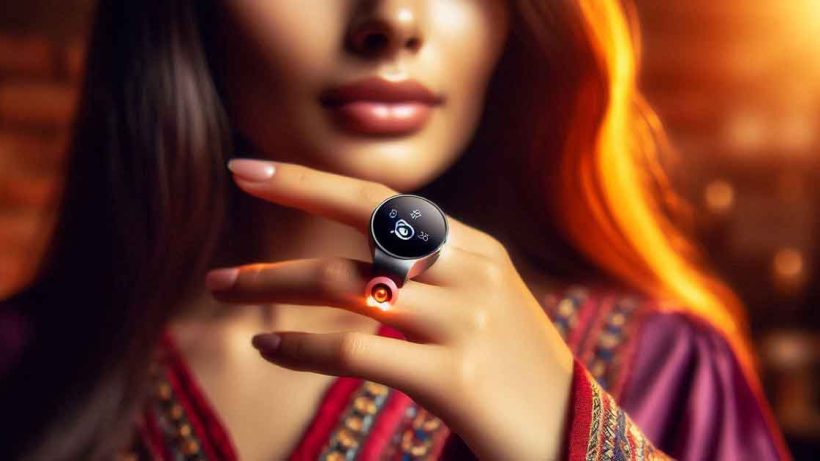 smart ring with a retro design and an alarm is shown on a woman's hand