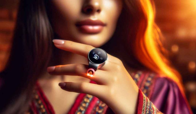 smart ring with a retro design and an alarm is shown on a woman's hand