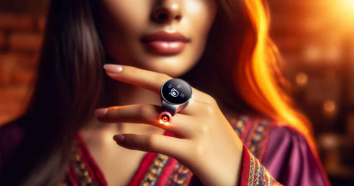 smart ring with a retro design and an alarm is shown on a woman's hand