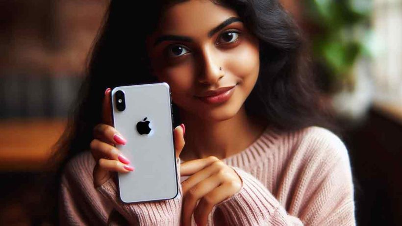 young Indian woman age 28+ is holding an iPhone with