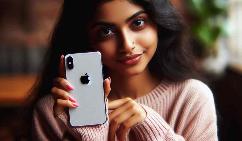 young Indian woman age 28+ is holding an iPhone with