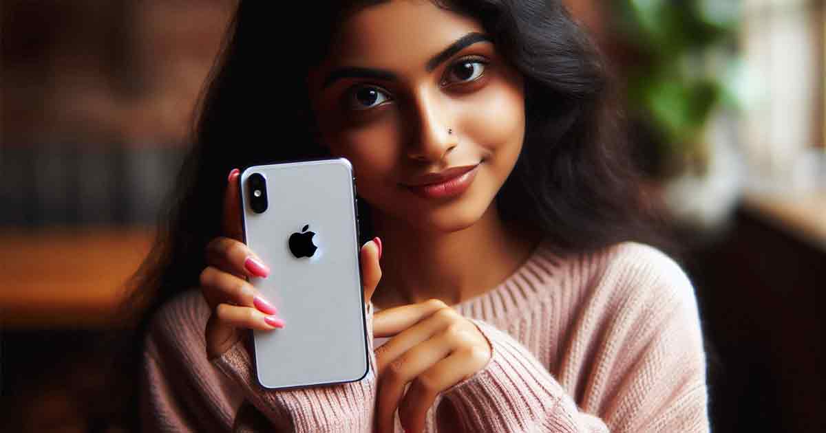 young Indian woman age 28+ is holding an iPhone with