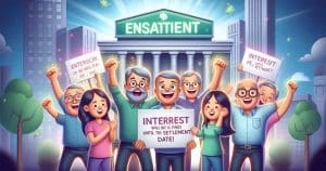 A cheerful scene of EPF members celebrating the news that interest will now be paid until the settlement date