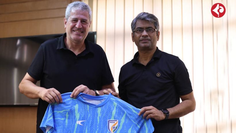 Indian Football Team Head coach Manolo Marquez with AIFF President Kalyan Chaubey