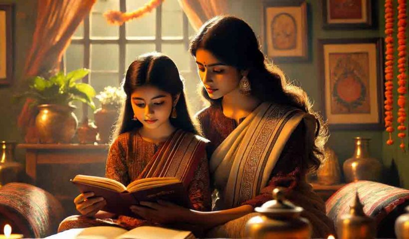 Two Bengali girls, dressed in traditional attire, sitting in a cozy room with warm lighting