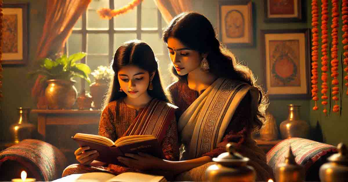 Two Bengali girls, dressed in traditional attire, sitting in a cozy room with warm lighting