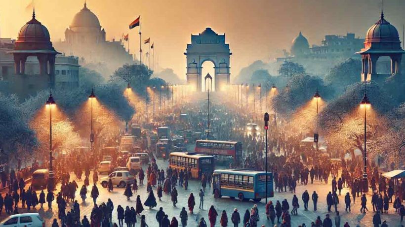 bustling cityscape of Delhi under a clear, crisp winter sky