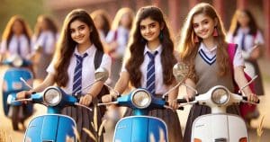indian student girls with Scooters in school