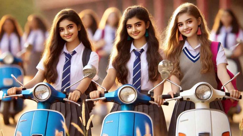 indian student girls with Scooters in school