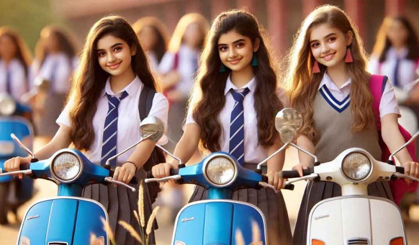 indian student girls with Scooters in school