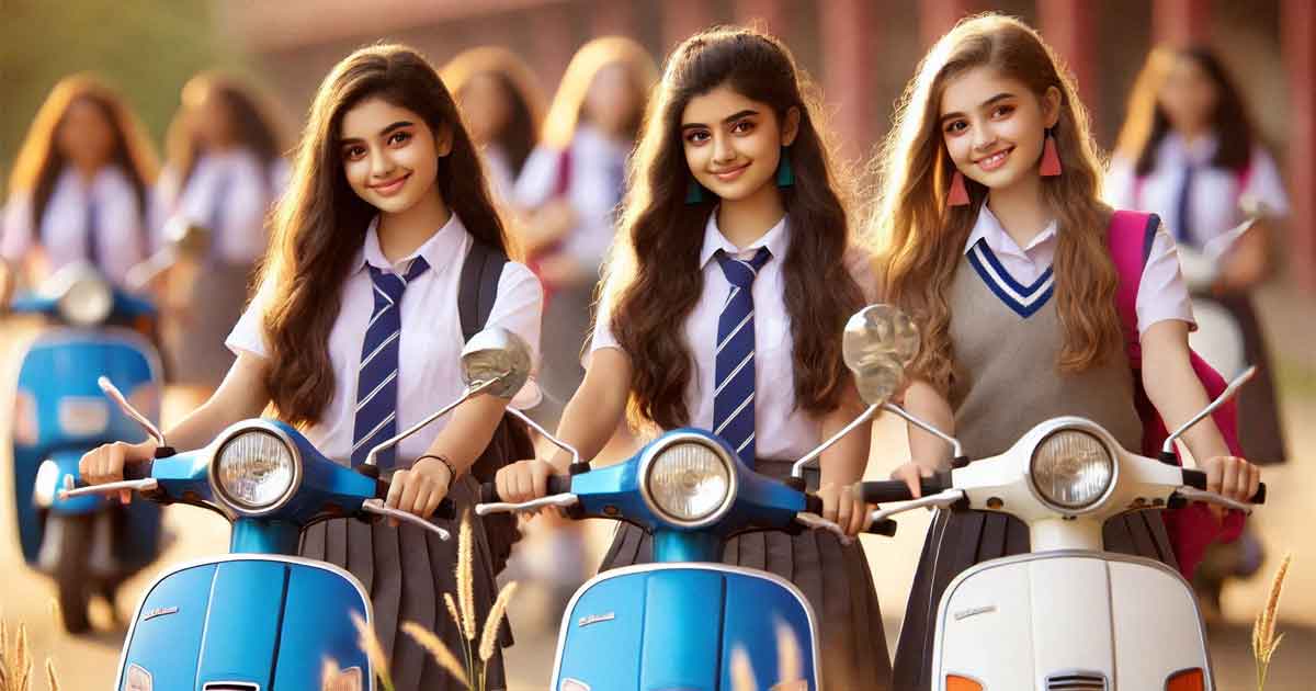 indian student girls with Scooters in school