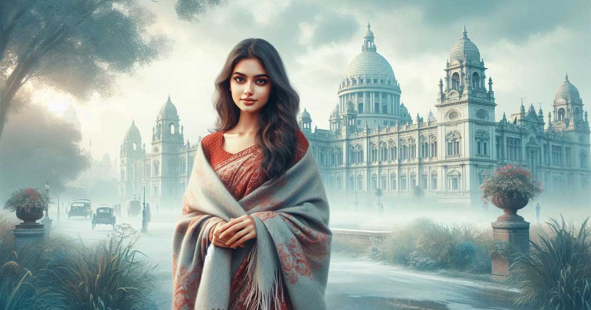 A beautiful young Bengali lady standing in a picturesque winter scene in Kolkata