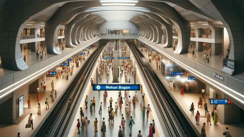 A bustling under ground metro station in Kolkata city named Mohun Bagan