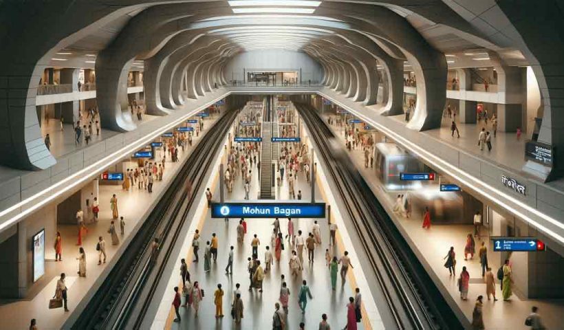 A bustling under ground metro station in Kolkata city named Mohun Bagan