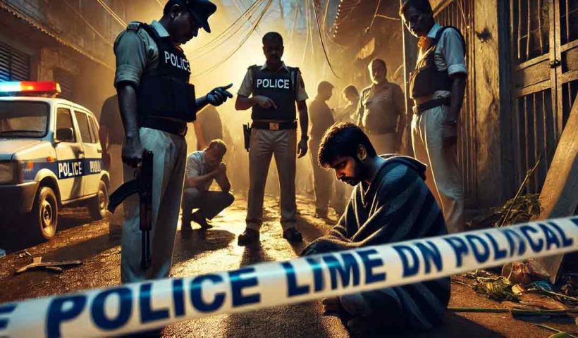 A crime scene in West Bengal with police officers investigating