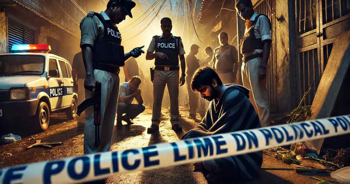 A crime scene in West Bengal with police officers investigating