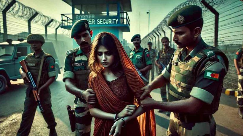 Bangladeshi woman being arrested by Indian border security forces in Kolkata