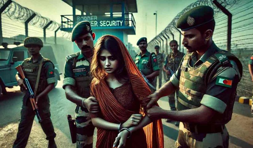 Bangladeshi woman being arrested by Indian border security forces in Kolkata