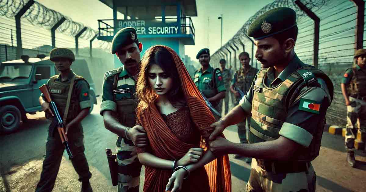 Bangladeshi woman being arrested by Indian border security forces in Kolkata