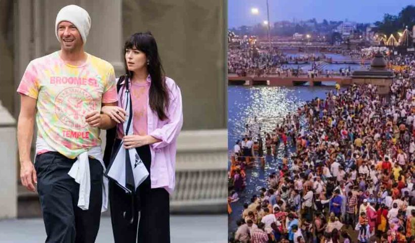 Chris Martin, lead singer of Coldplay, and his girlfriend Dakota Johnson arrive at Maha Kumbh 2025 in Prayagraj after their record-breaking concert in Ahmedabad. Watch the video of the couple as they make their way to the iconic Sangam River for a holy dip.