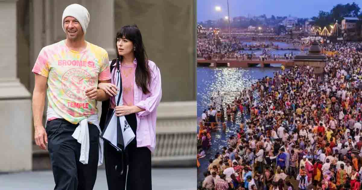 Chris Martin, lead singer of Coldplay, and his girlfriend Dakota Johnson arrive at Maha Kumbh 2025 in Prayagraj after their record-breaking concert in Ahmedabad. Watch the video of the couple as they make their way to the iconic Sangam River for a holy dip.