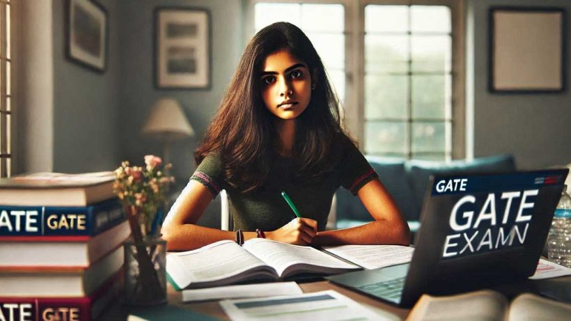 Indian girl sitting at a desk, focused and determined, preparing for the GATE exam.