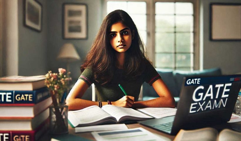 Indian girl sitting at a desk, focused and determined, preparing for the GATE exam.