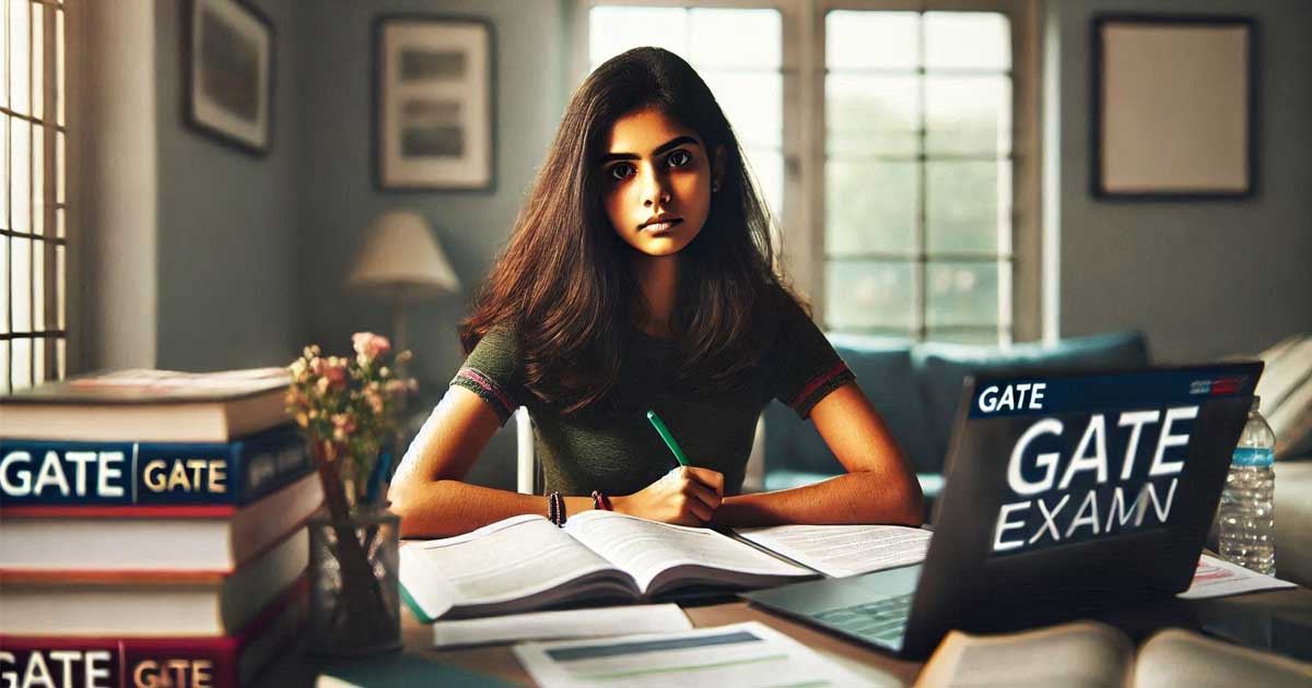 Indian girl sitting at a desk, focused and determined, preparing for the GATE exam.