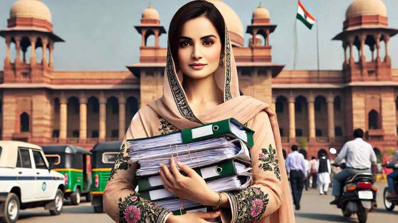 Pakistani woman, dressed in traditional attire, confidently holding a stack of official-looking documents