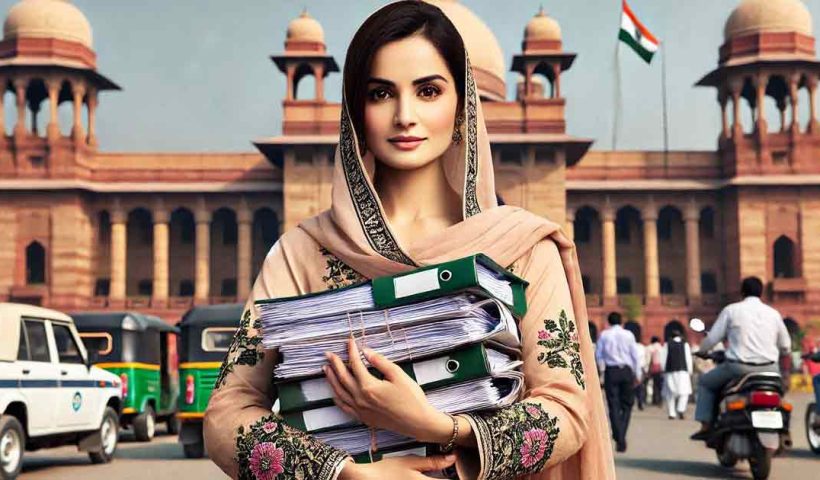 Pakistani woman, dressed in traditional attire, confidently holding a stack of official-looking documents