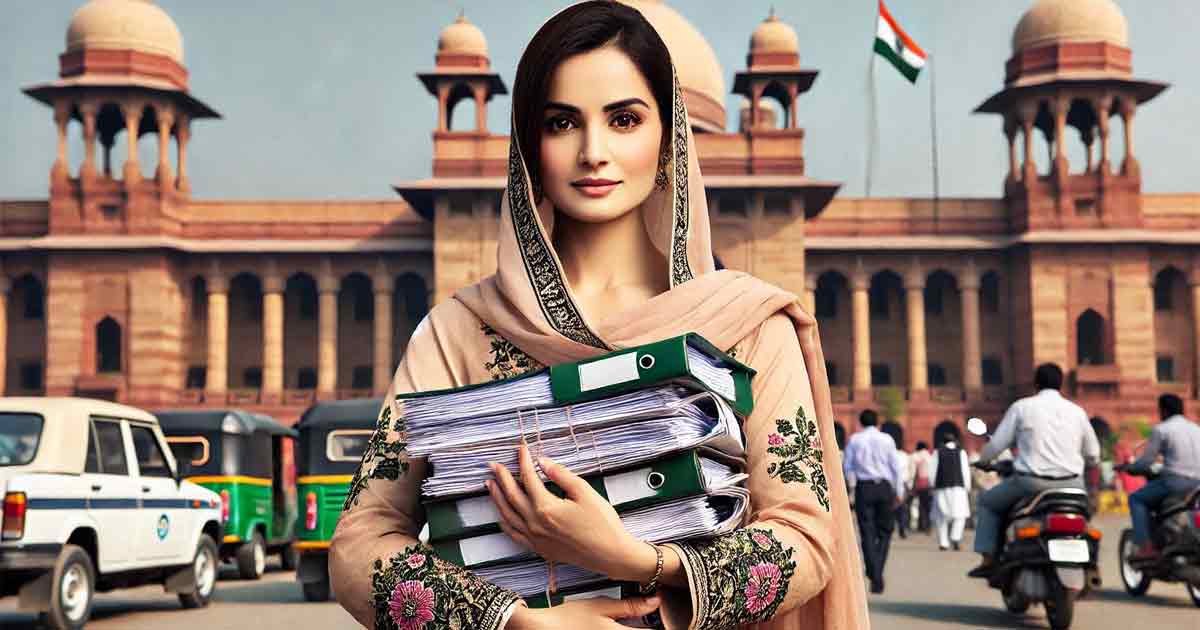 Pakistani woman, dressed in traditional attire, confidently holding a stack of official-looking documents