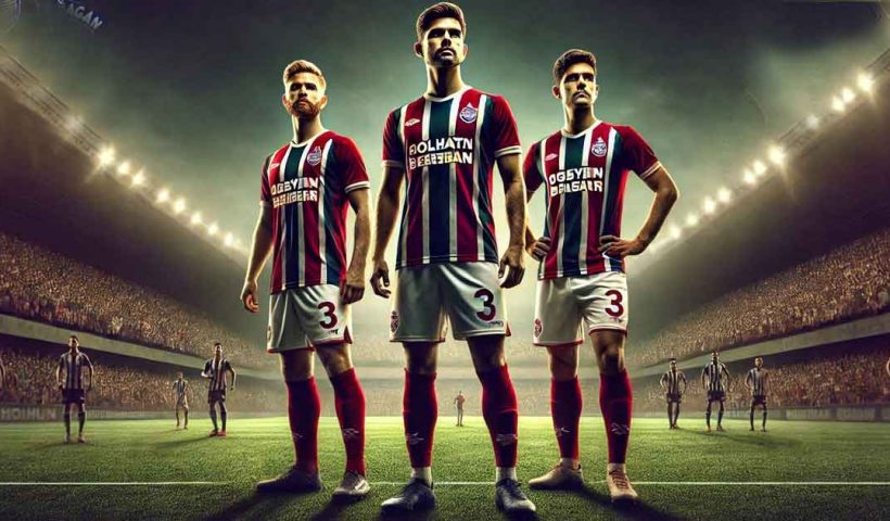 Three key Mohun Bagan players standing confidently on a football field