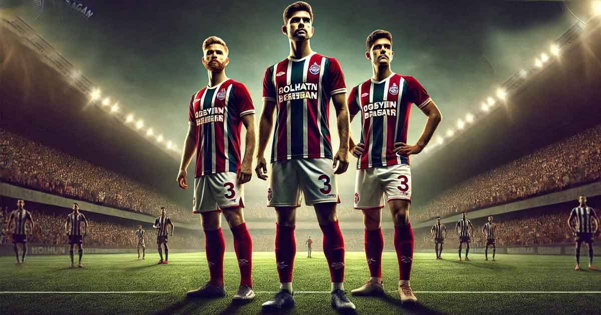 Three key Mohun Bagan players standing confidently on a football field