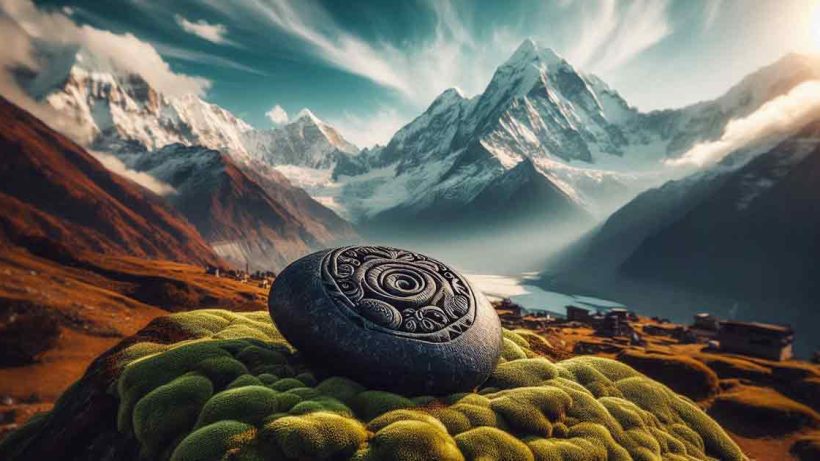 breathtaking view of the Himalayas with snow-capped peaks and a serene, spiritual atmosphere. In the foreground, the sacred Shaligram Shila