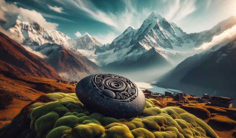 breathtaking view of the Himalayas with snow-capped peaks and a serene, spiritual atmosphere. In the foreground, the sacred Shaligram Shila