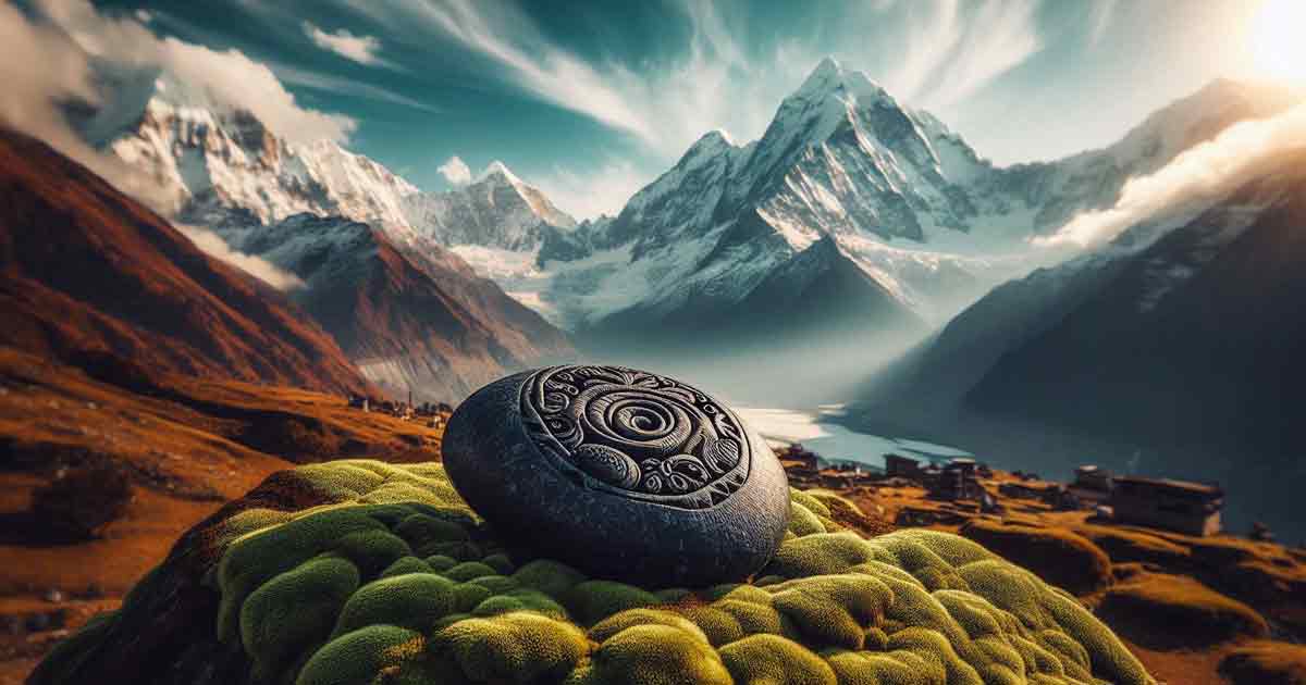 breathtaking view of the Himalayas with snow-capped peaks and a serene, spiritual atmosphere. In the foreground, the sacred Shaligram Shila