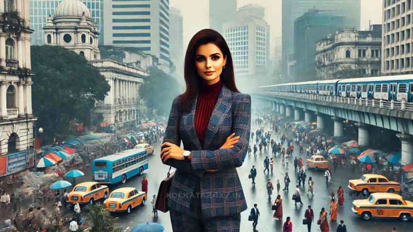 bustling cityscape of Kolkata during winter, with a stylish and confident bengali woman in her mid-30s dressed in professional office attire