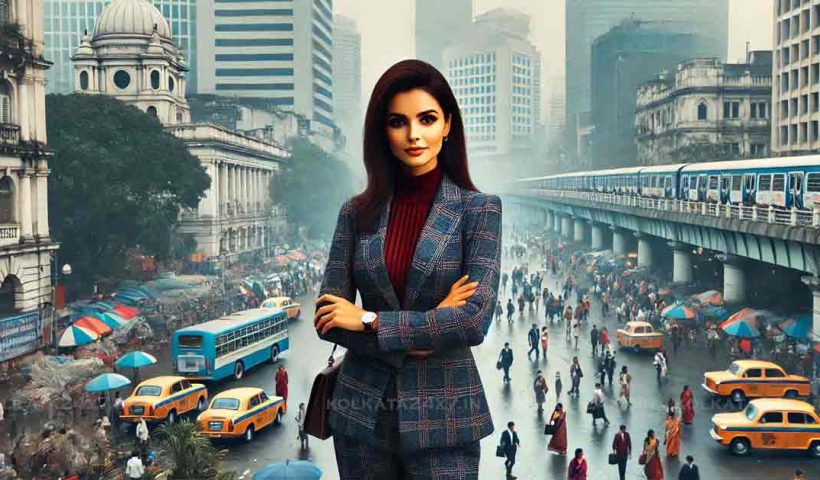 bustling cityscape of Kolkata during winter, with a stylish and confident bengali woman in her mid-30s dressed in professional office attire