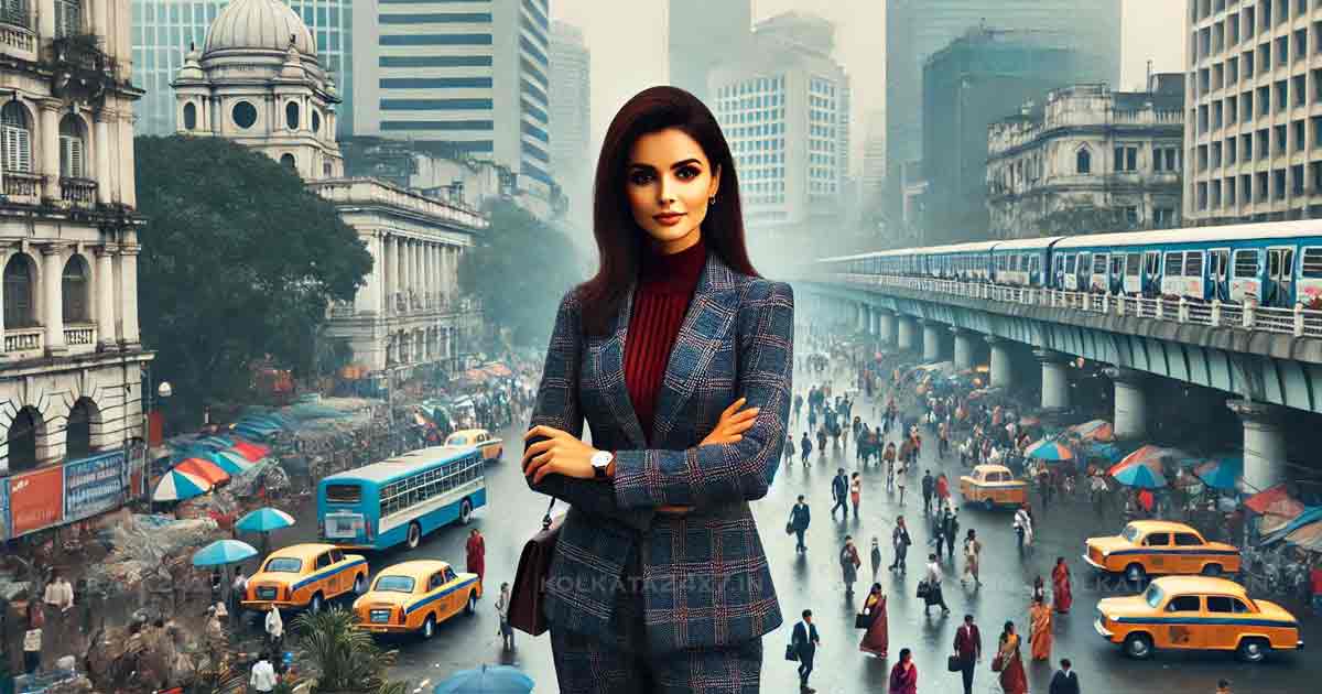 bustling cityscape of Kolkata during winter, with a stylish and confident bengali woman in her mid-30s dressed in professional office attire