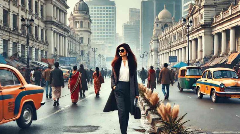 bustling road in Kolkata city during winter, with a Bengali woman dressed in stylish office attire walking confidently