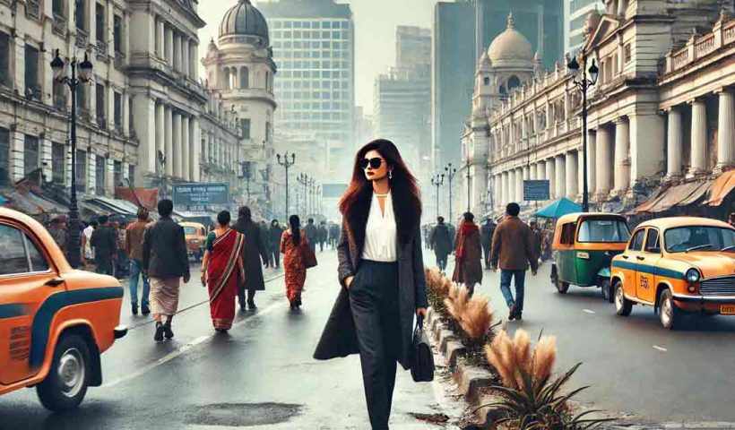 bustling road in Kolkata city during winter, with a Bengali woman dressed in stylish office attire walking confidently