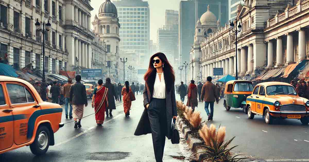 bustling road in Kolkata city during winter, with a Bengali woman dressed in stylish office attire walking confidently