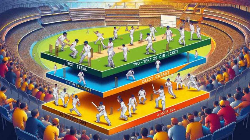 detailed infographic illustrating a two-tier test cricket model